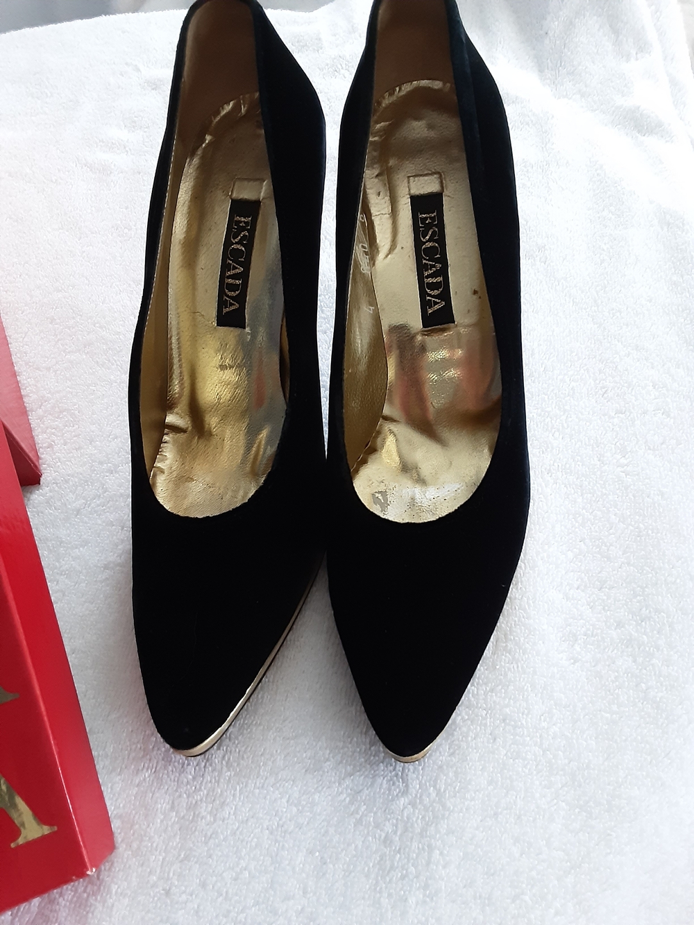 Escada Black Pointed Toe Velvet Pumps with Gold Insole
